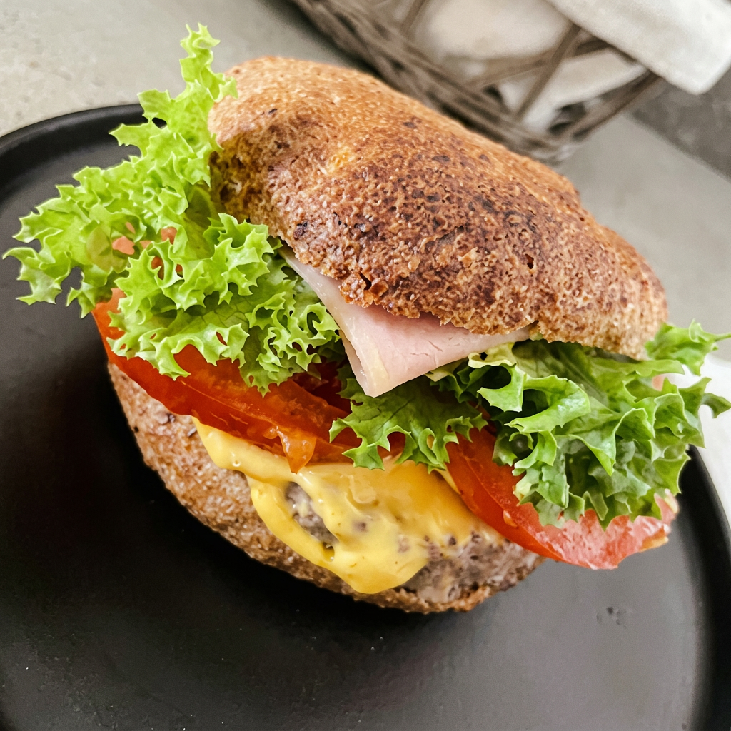 Sándwich integral con jamón, queso, tomate y lechuga