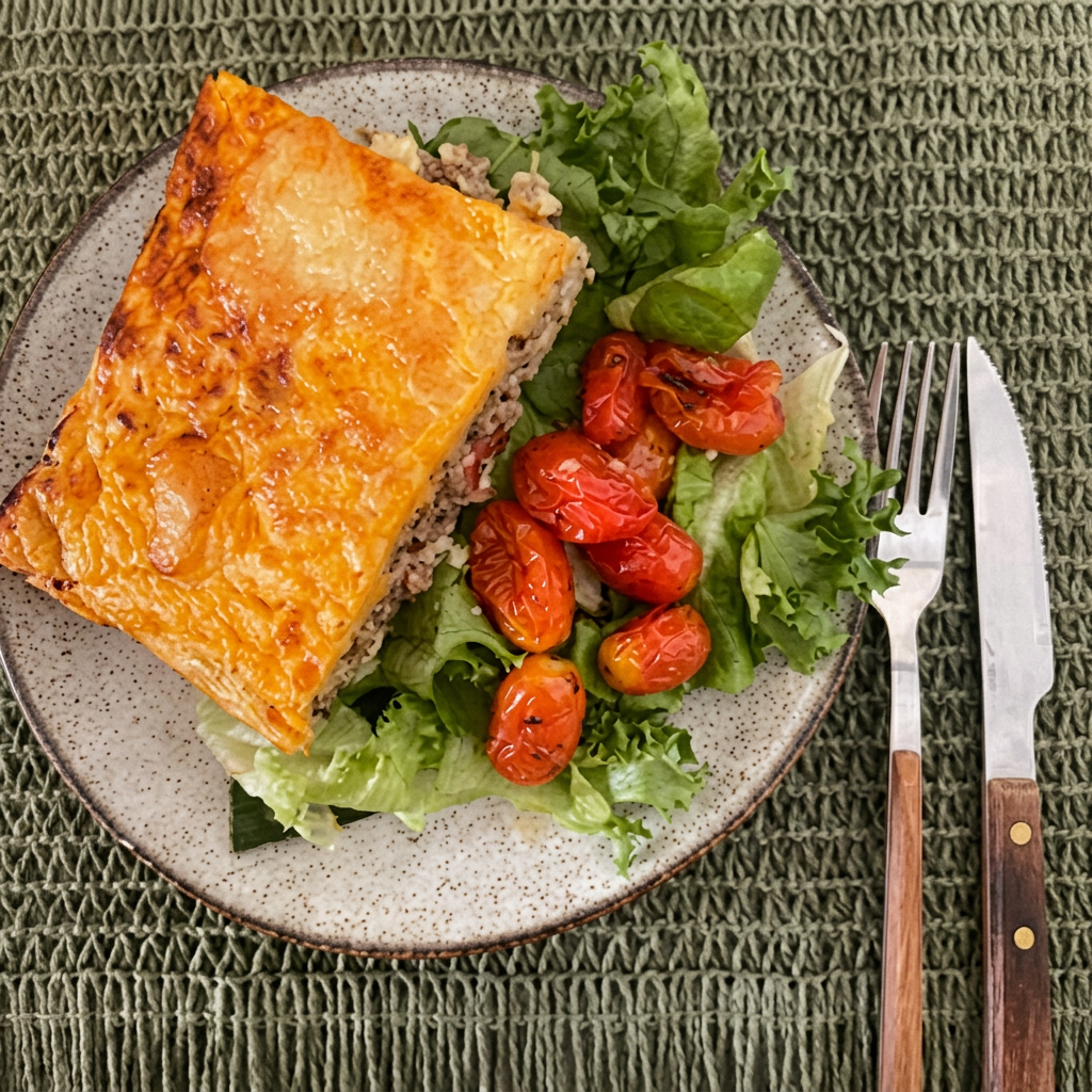 Pastel de carne con ensalada y tomates cherry