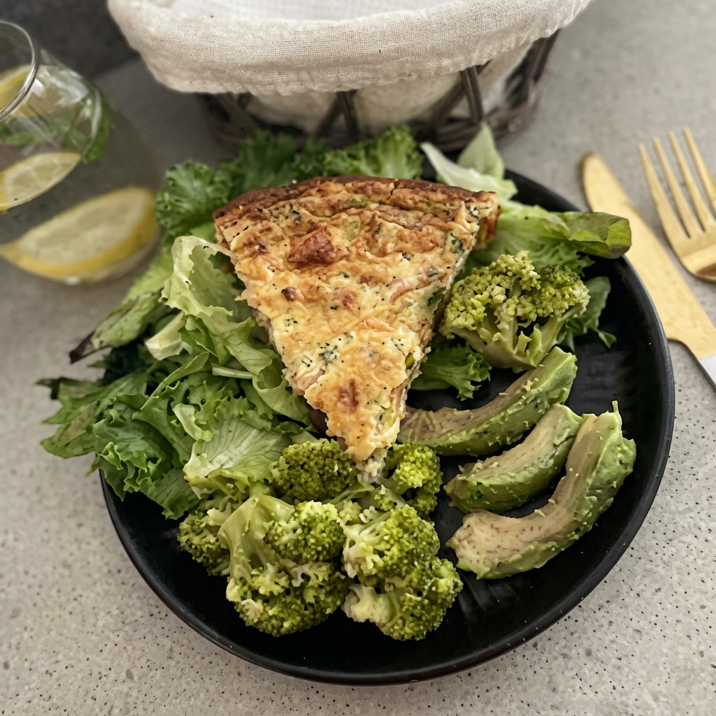 Tortilla keto con brócoli, palta y ensalada verde
