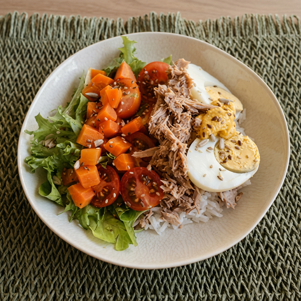 Bowl con atún, arroz, huevo, tomate y lechuga